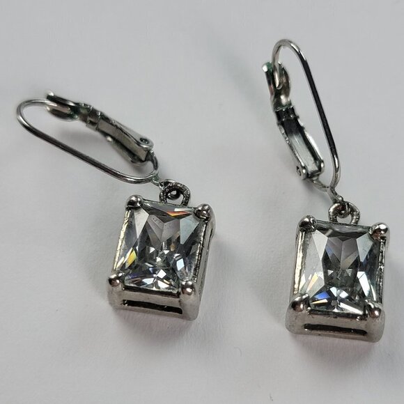 Silver Tone Princess Cut Simulated Diamond Dangle Earrings Lever Back Marked PA - Picture 2 of 6